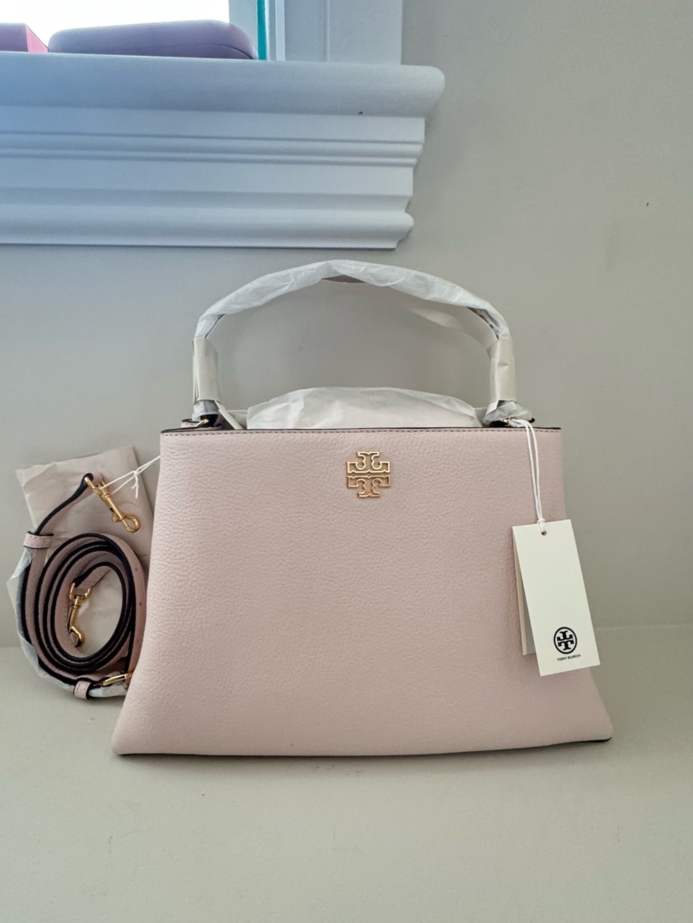 Tory Burch Pebble Leather Top-Handle Satchel in Light Pink with Gold Logo